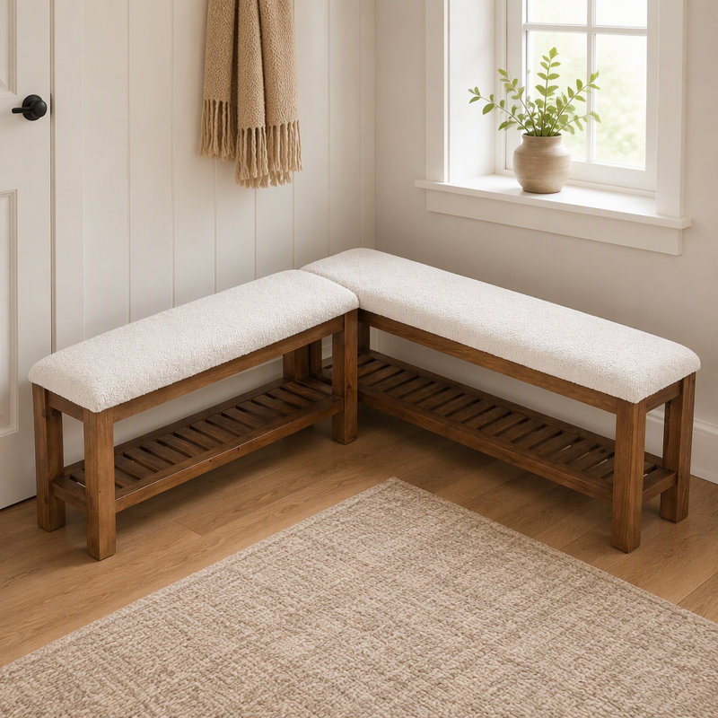 Ensemble de banc d'entrée en bois massif, banc à chaussures en forme de L 55 po avec tablette de rangement