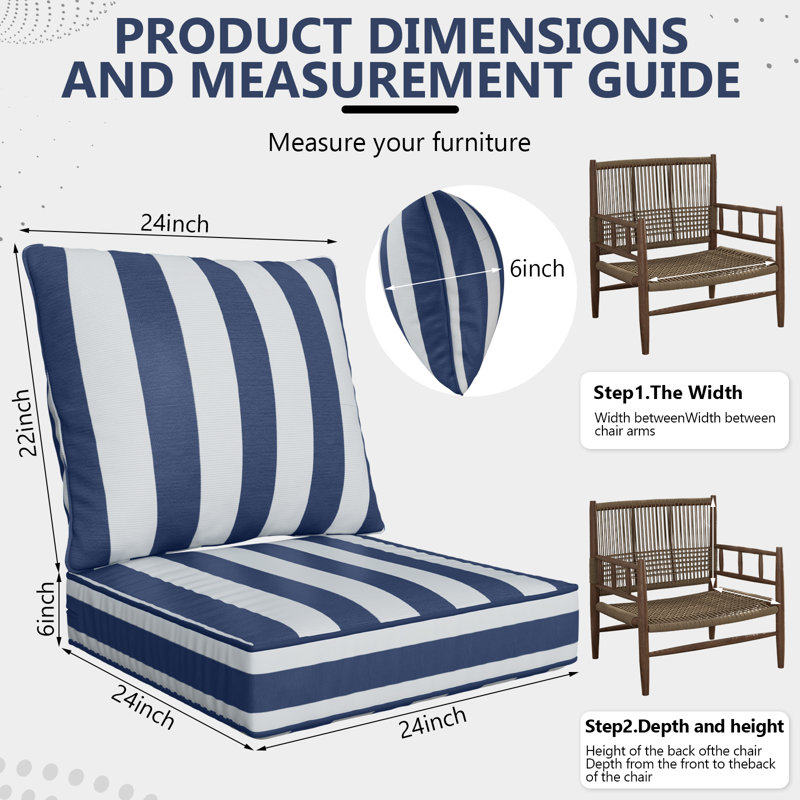 24" X 24" X 6" Outdoor Deep Seat Cushions Set - 2, 2, Blue Striped