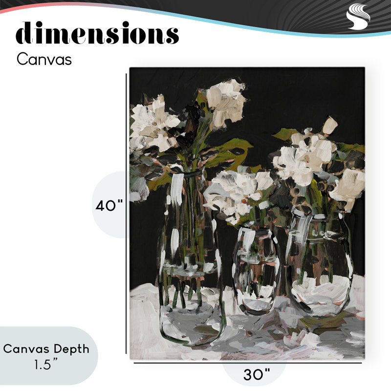 Trois vases de fleurs sur toile noire, design par Jane Slivka, H 40 po x l 30 po