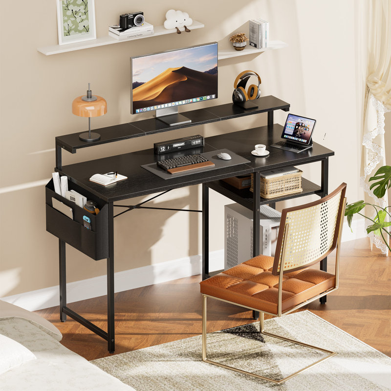 Office Computer Desk with LED Light,Office Table with Monitor Stand for Home/Office Use, Corner Desk with Large Storage Bag and Height Adjustable Storage Shelf, Remote Worker
