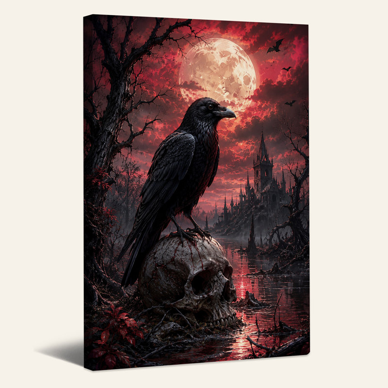 Raven perché sur un crâne près du château gothique sous Halloween, art mural sur toile, 48"H x 32"W