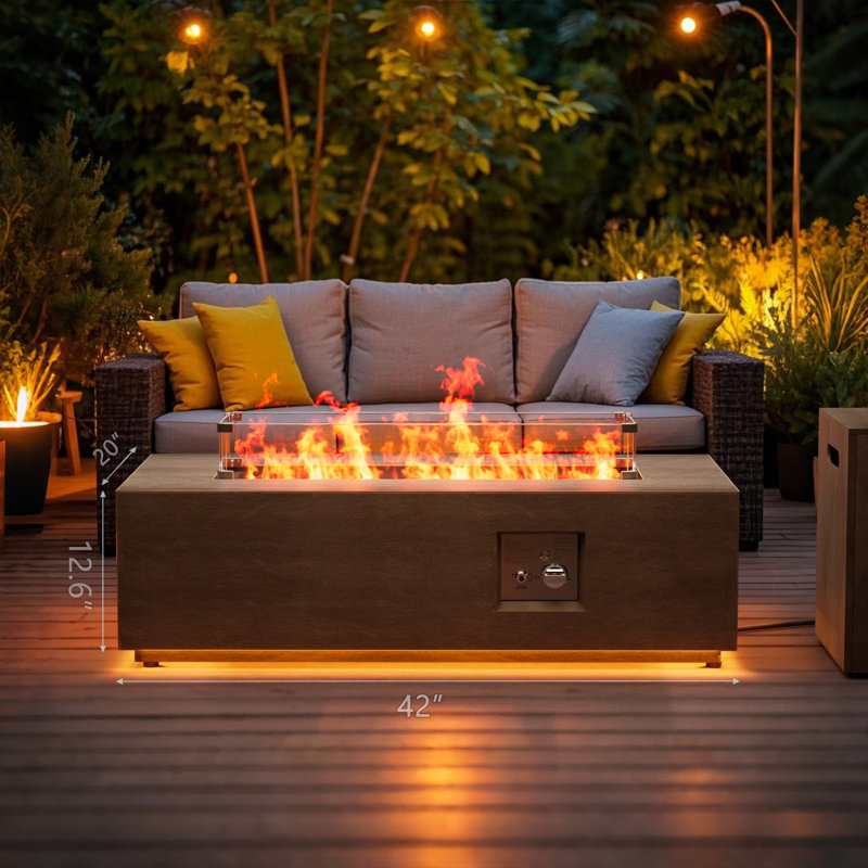 42" Rectangular Propane Fire Pit Table LED Outdoor Patio Backyard Gas Firepit Table with Golden Light Strip, 50,000 BTU Burner, Tank Storage, Glass Wind Guard, Lid and Protective Cover, Outdoor Gas Fire Pit, Patio Fire Pit Table, Backyard Fire Pit