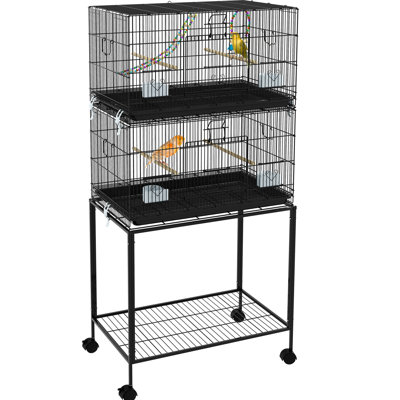 Lovebird Cage With Stand And Container - Space Saving Wooden Swing, Rope , Wheels, Removable Tray Double Stackable Bird Stand, Perches & . For Lovebirds, , . Steel. 30.51" L X 17.32" W 64.5" H. Black