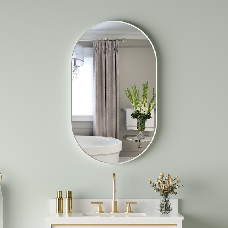 Bathroom Wall Mounted Oval Metal Framed Mirror, White, 40" x 24"