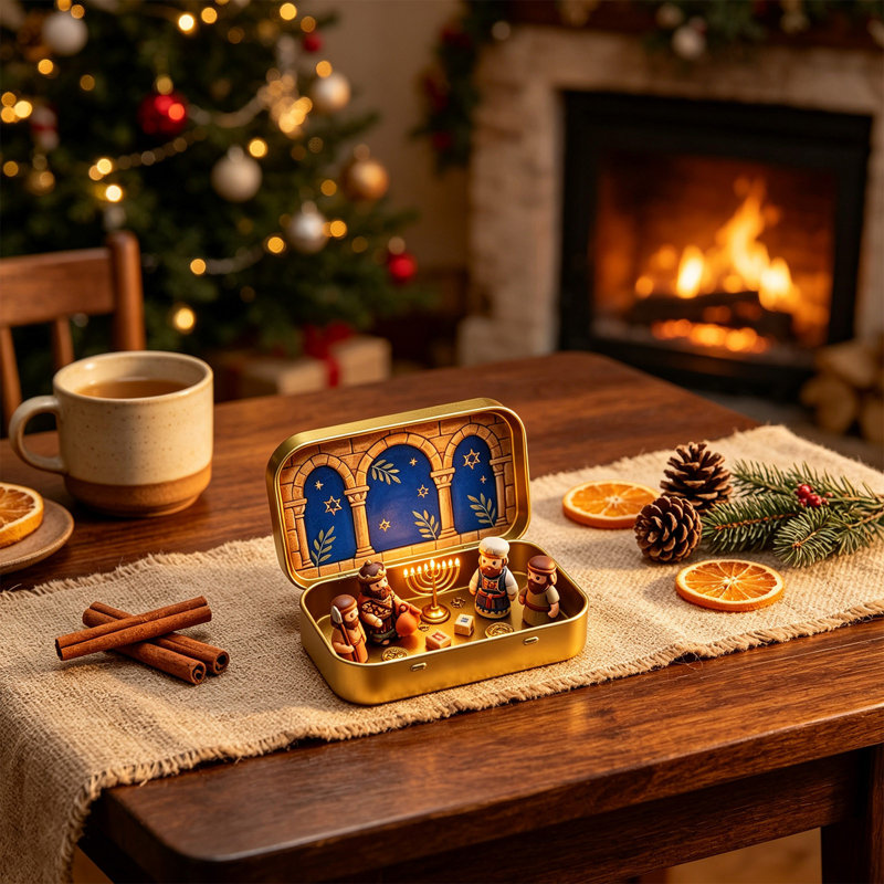 Décoration de Noël : Petite crèche de Noël dans une boîte en métal, mini figurines de la Sainte Famille, décoration religieuse, cadeau pour la famille