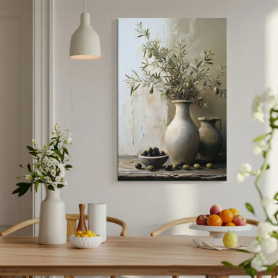 1Pc Framed Canvas Poster Print Olive branches in a vase with olives, still life painting, Realistic oil painting style. Wall Art Decor, Perfect for Room Decor Living Room Bedroom Office Kitchen Bathroom Home Decor, Ideal Home Wall Decoration Gift