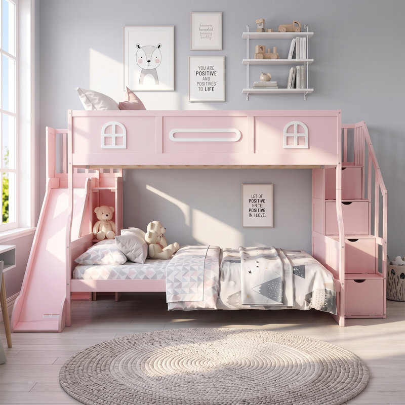 Lit superposé double XL/queen avec glissade, escalier de rangement, cadre en bois massif, barres de sécurité pour fenêtre, rose pâle
