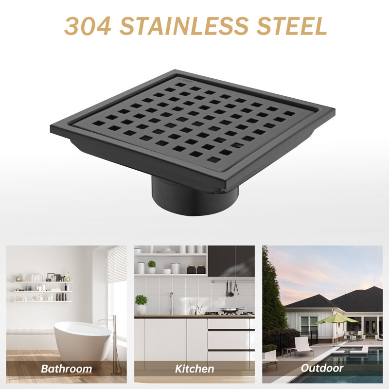 6 Inch Matte Black Stainless Steel Square Shower Drain Kit