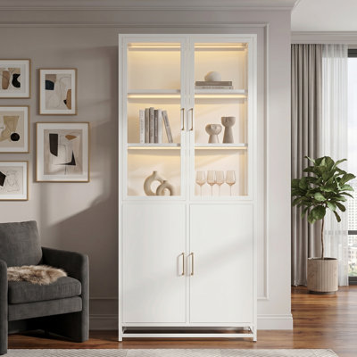 Vitrine de 76,75 po de haut à 3 côtés en verre avec lumières DEL, armoire vitrée en acier moderne avec portes doubles en verre trempé, armoire de rangement symétrique à double porte pour le salon, la cuisine, le couloir, la maison et le bureau