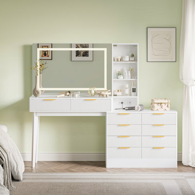 Makeup Vanity Desk with LED Lighted Mirror, 10 Storage Drawers, Glass Door Cabinet, Built-in Charging Station, Solid Wood Legs, Available in 3 Colors