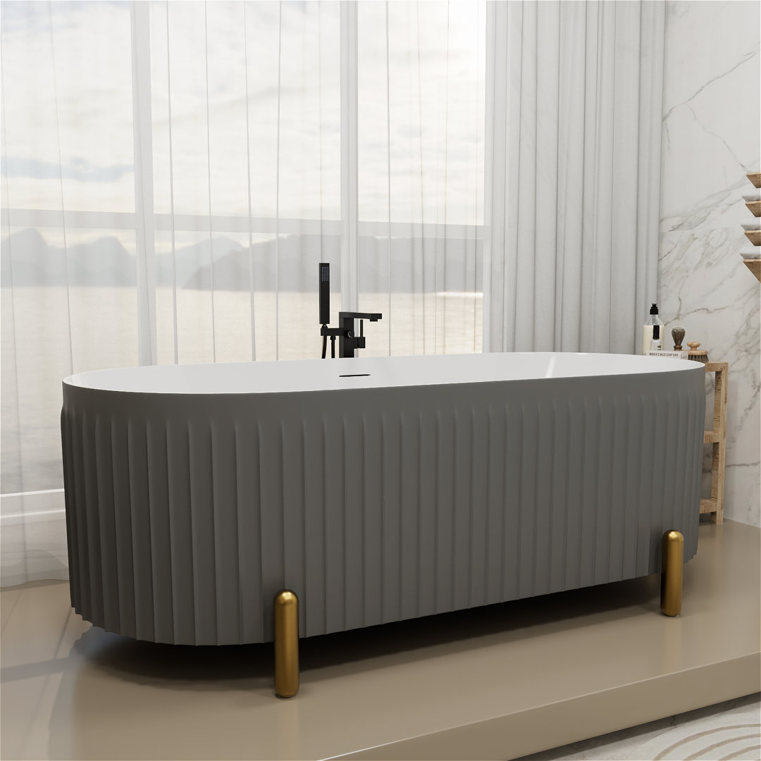 Colour 67" L x 31" W Fluted Freestanding Soaking Acrylic Bathtub with Chrome Drain and Overflow Mokleba 