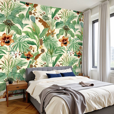 Papier peint adhésif rétro vintage avec motif floral tropical, feuilles élégantes, feuilles, fleurs, H 100 po x l 144 po, papier mural amovible en PVC, adhésif pour décoration de chambre à coucher