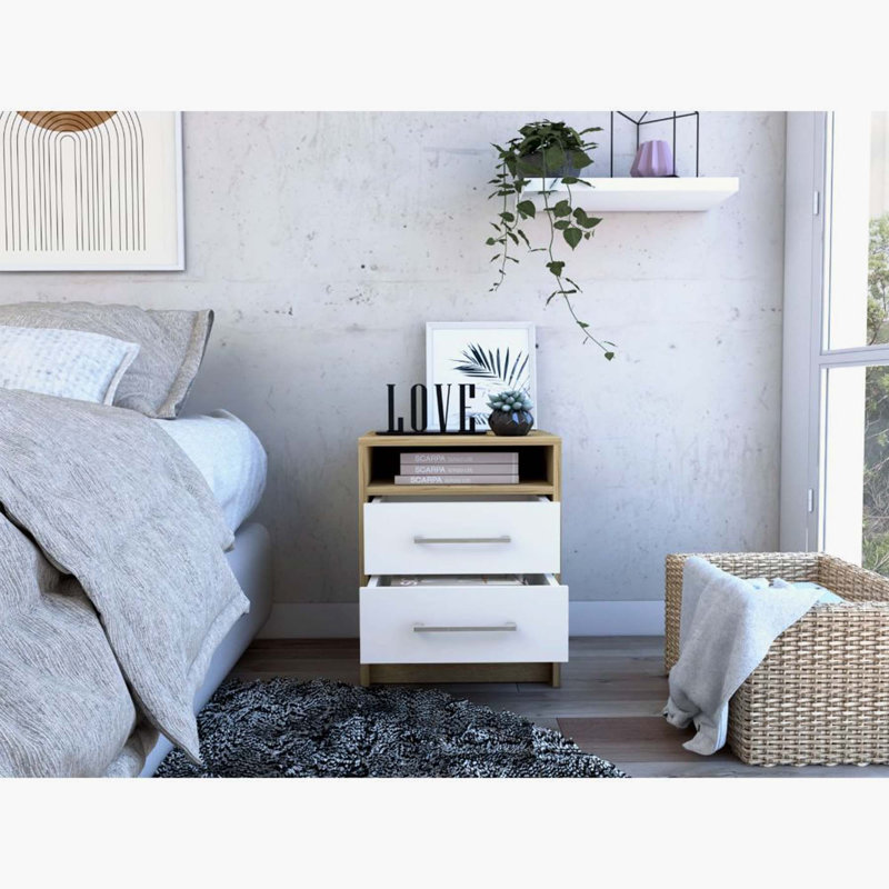 Table de chevet Eter, plateau supérieur, deux tiroirs et tablette ouverte, Blanc / Chêne clair