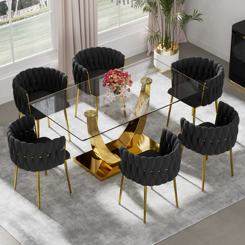Rectangle Pedestal Dining Set with Woven Dining Chair, 29.5"H x 63"L x 35.4"W-Gold, Black, Gold