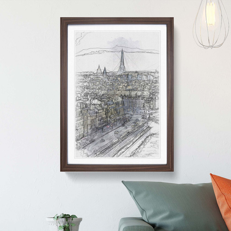 View of the Eiffel Tower in Paris France - Picture Frame Graphic Art Print, 76cm H x 50cm W x 2cm D, Walnut