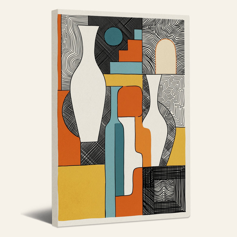 Vases géométriques rétro avec fond à motifs - Toile murale, H 30 po x l 20 po