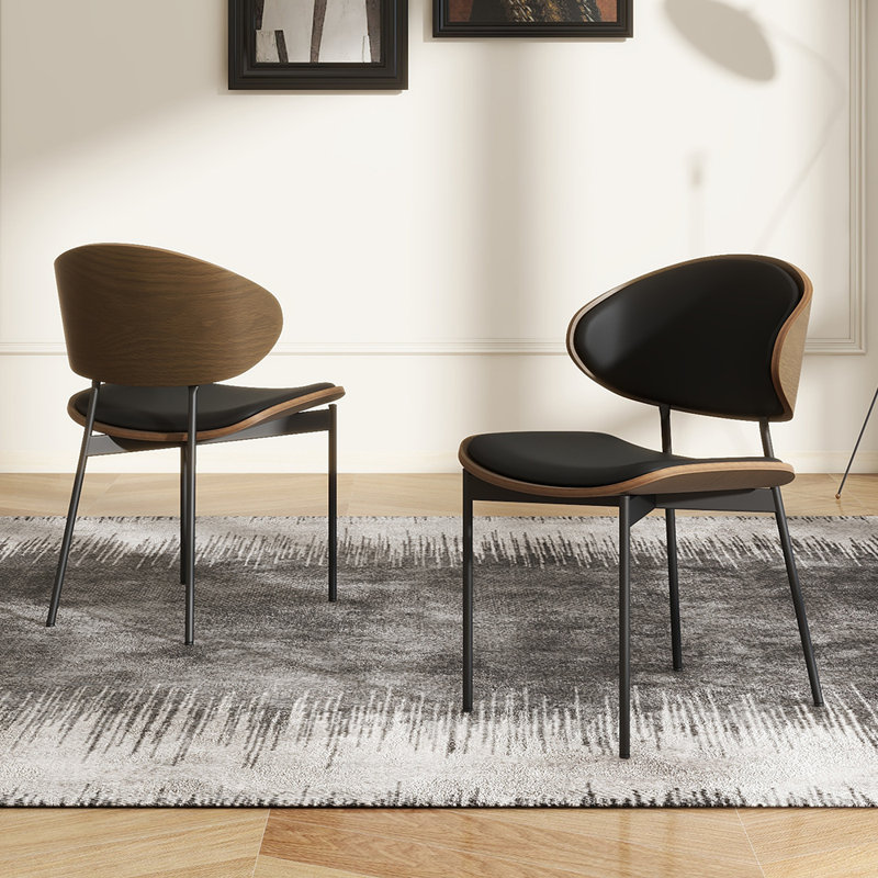 Contemporary Curved Back Dining Chairs, Fully Assembled Black Leather Side Chairs(Set of 2)