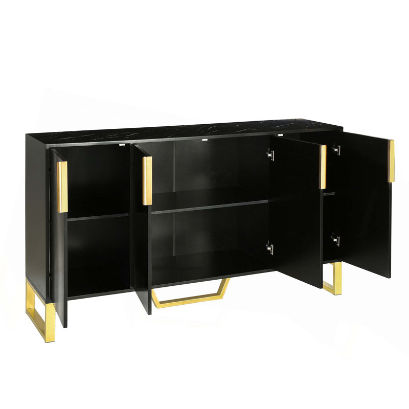 Modern Sideboard With Four Doors, Metal Handles & Legs And Adjustable Shelves Kitchen Cabinet, Black