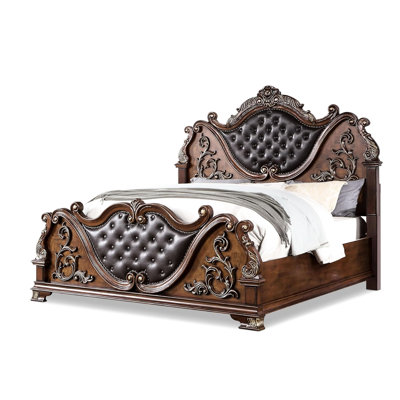 Traditional Luxury King Bed In Brown Cherry With Solid Wood And Frame Upholstery