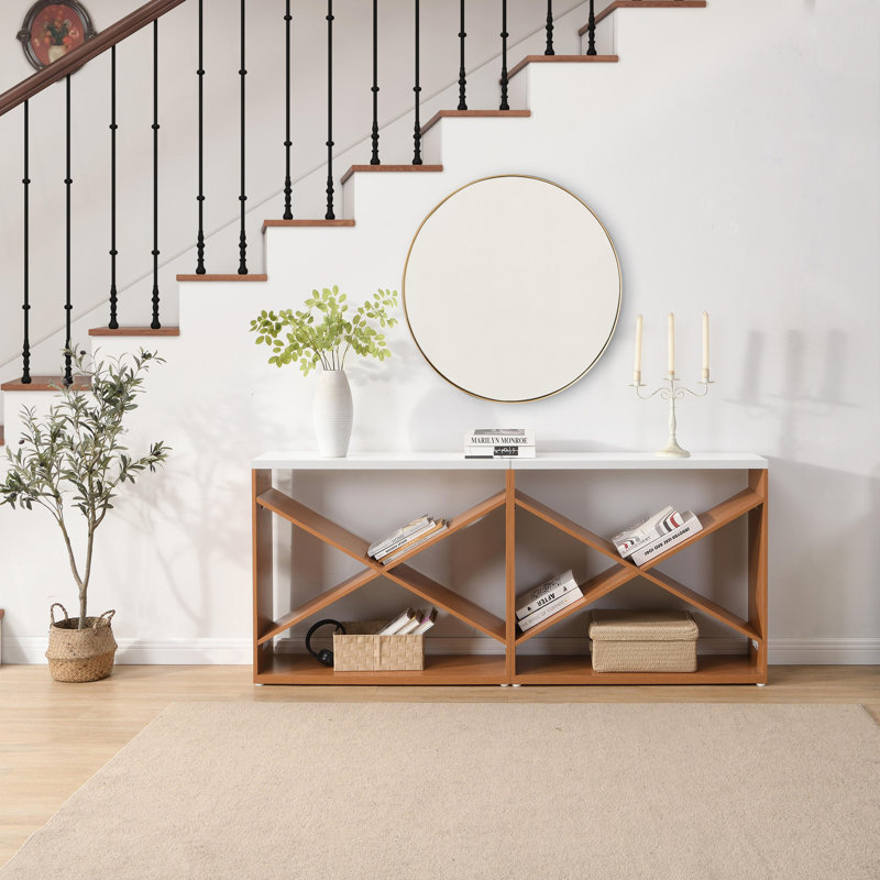 Console de style campagnard, table Extralong détachable en forme de X avec rangement, table de couloir, Blanc / Brun