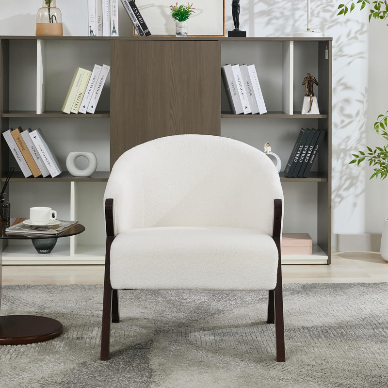 White Teddy Accent Chair Mid-Century Modern Wooden Accent Chair with Wood Legs Comfy Upholstered Reading Leisure Chair for Living Room Bedroom Waiting Room