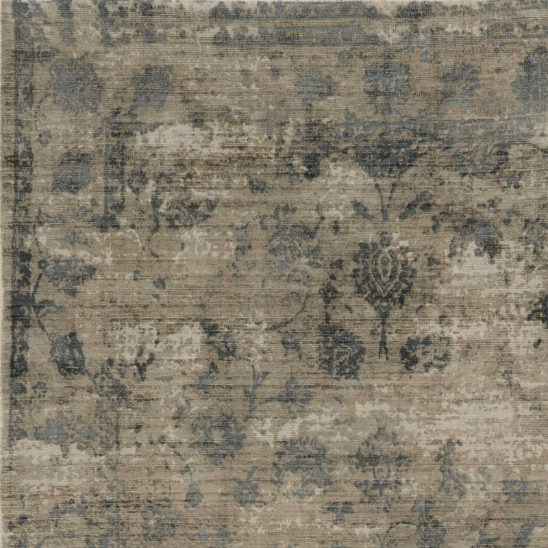 Blue Floral Vines Hand Loomed Distressed Area Rug, Rectangle 5' x 7'