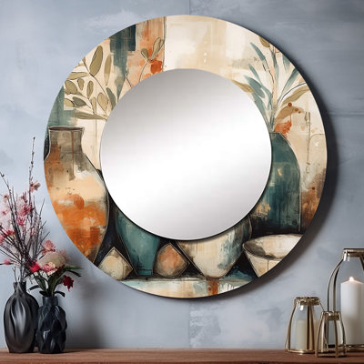 Graciliana Orange And Green Channeling Bohemian Vibes - Boho Feather Mirror, Orange Round Decorative Wall Mirror, Printed Metal Art