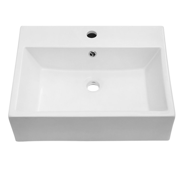 21"X16" White Ceramic Rectangular Wall Mounted Bathroom Sink With Faucet Hole And Overflow