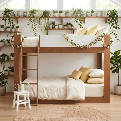 Low Bunk Bed with Reversible Ladder, Solid Wood Convertible Bunk Bed with Safety Guardrails for Low Ceilings