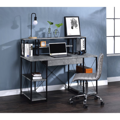 Bureau moderne gris avec tablettes et tiroirs - Design élégant et fonctionnel avec compartiments ouverts polyvalents pour des tâches créatives