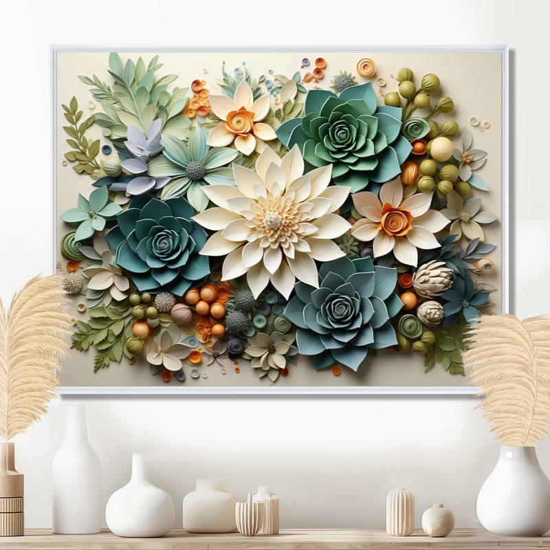 Plantes vertes succulentes sereines - Art mural, H 24 po x l 32 po x P 1 po, Reproduction avec cadre flottant, Blanc