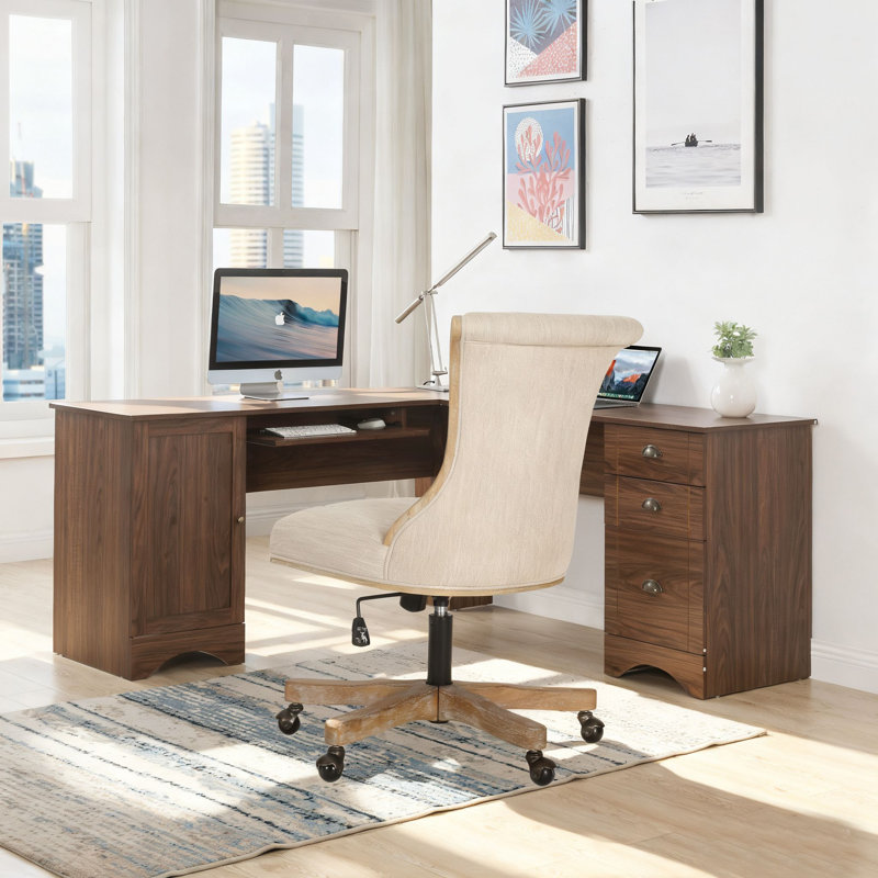 Mid-century rstyle height-adjustable office chair with 360-degree swivel, Breathable fabric and sturdy wooden frame for offices, home studies, and computer rooms.