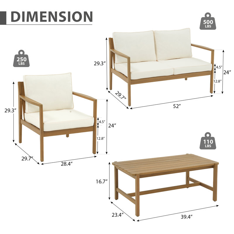 Ensemble de conversation 4 pièces avec canapé et coussins en bois massif, Blanc