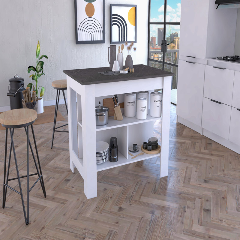 Îlot de cuisine, quatre pieds, trois tablettes, H 27,5 po x l 40,5 po x P 27,5 po, Blanc/noyer