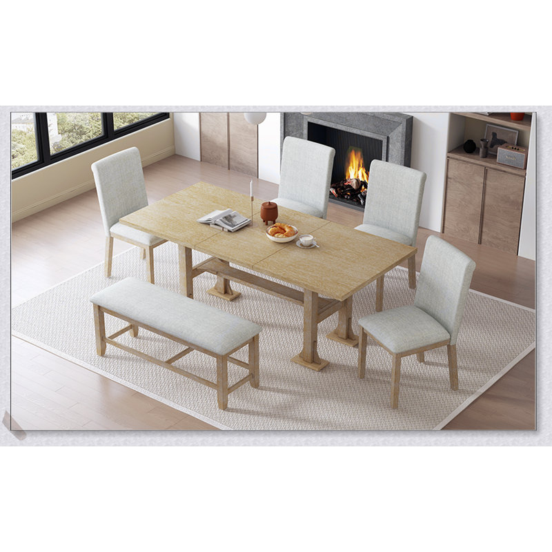 Farmhouse 6-Piece Extendable Dining Set with Trestle Table, Removable Leaf, Upholstered Chairs, and Bench for Versatile Seating