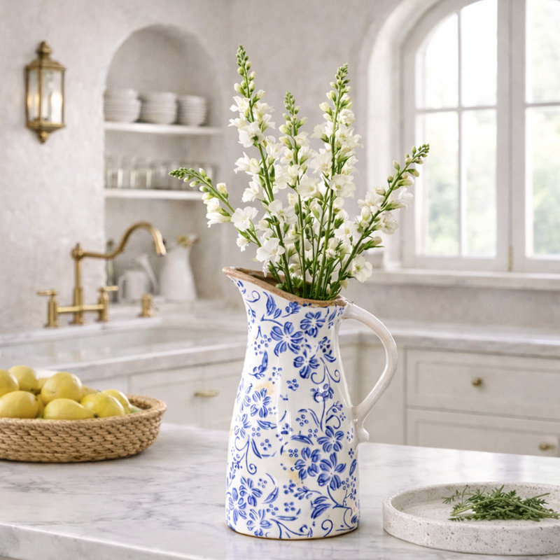 10.5in. Floral Tuscan Ceramic Blue Scroll Pitcher Vase