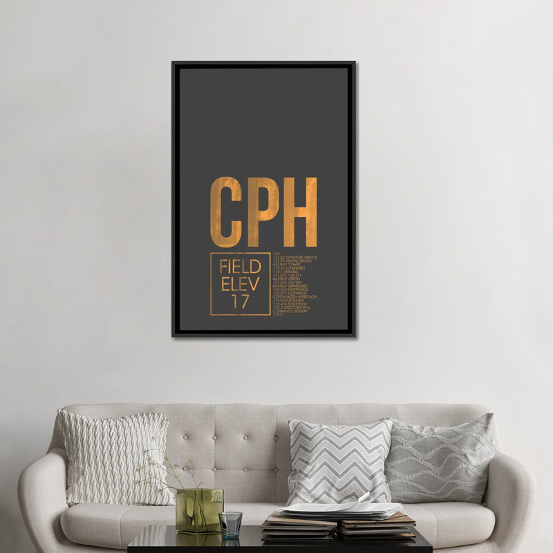 « copenhague », art textuel sur toile air control series, H 26 po x l 18 po x P 1,5 po, Toile avec cadre noir, Pas de tapis