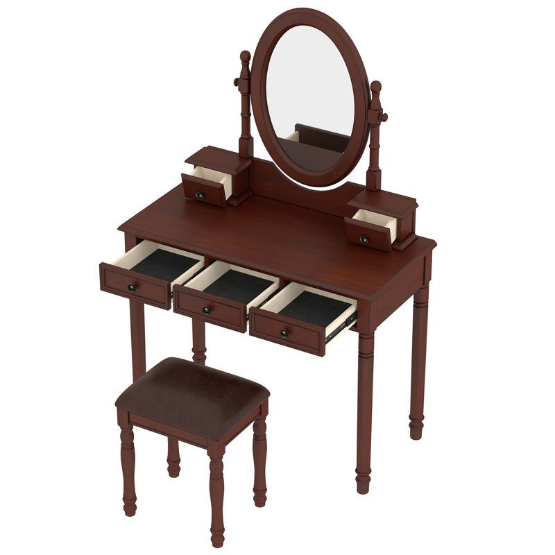 Vanity Desk with Adjustable Angle Mirror, Vintage Vanity Makeup Table and Cushioned Stool Set with Velvet Fabric Lining 5 Drawers,Wooden Dressing Table Set for Bedroom