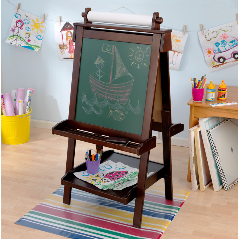 Deluxe Wooden Easel with Chalkboard and Dry Erase Surfaces, Paper Roll and Paint Cups, Espresso