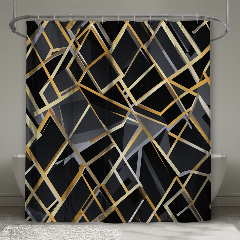 Rideaux de douche noir et noir à motif géométrique abstrait, 70in W x 72in H