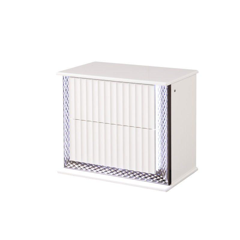 Armoire de chevet blanche moderne avec deux tiroirs spacieux, un tiroir texturé, un éclairage à DEL latéral et une hauteur de 23,48 po, une table de chevet avec finition 17,05 po de profondeur, des lumières décoratives et une fabrication solide