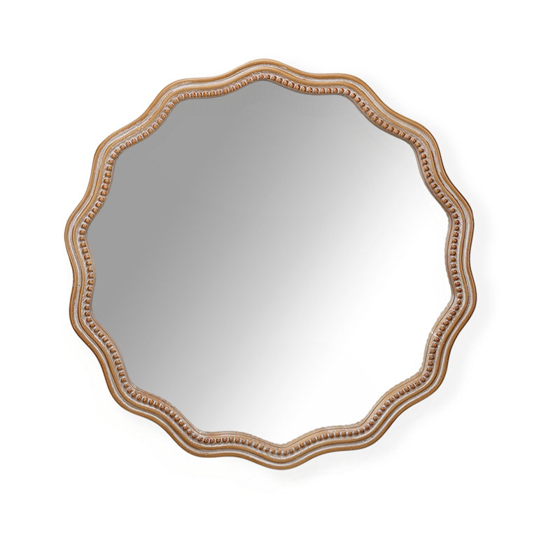 Wood Round Wavy Wall Mirror Round Wall Mirror Scalloped Mirror -Large Decorative Wood Framed Hanging Circle Mirror Modern Farmhouse Decor For Bathroom,Living Room, Nursery Decor
