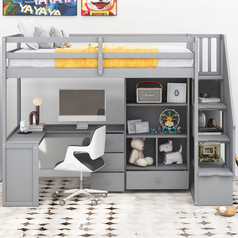 Lit mezzanine simple avec bureau en L et tiroirs, Gris, Lit simple