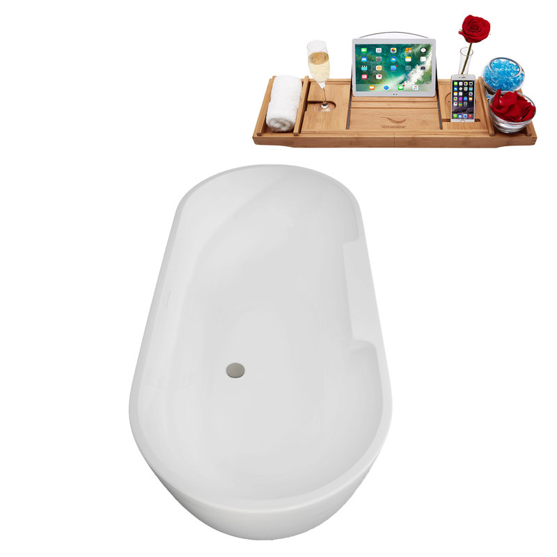 63" Streamline Soaking Freestanding Tub and Tray With Internal Drain, Brushed GunMetal