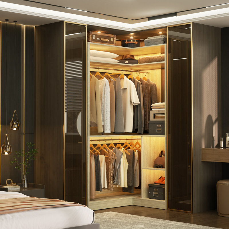 34" W Corner Closet System with Hanging Rods, White Oak