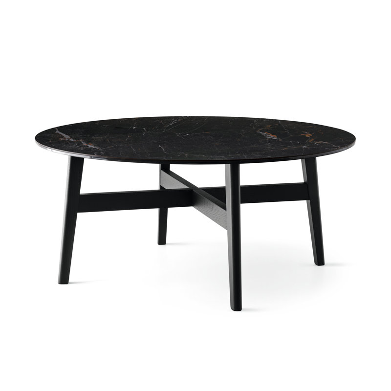 Abrey Round Coffee Table with Wooden Base, Calacatta Black Marble Top/Matte Black Base