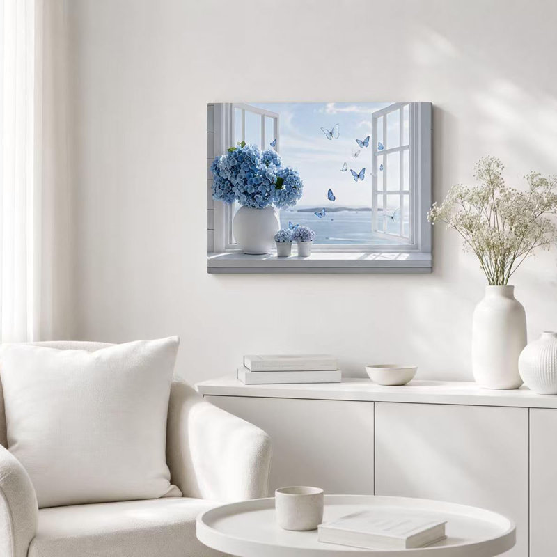 Coastal Bathroom Canvas Wall Art Blue Hydrangea Floral Vase Butterfly Open Window Beach Seascape Wall Decor Poster Print Artwork for Living Room Bedroom Bathroom Home Decor