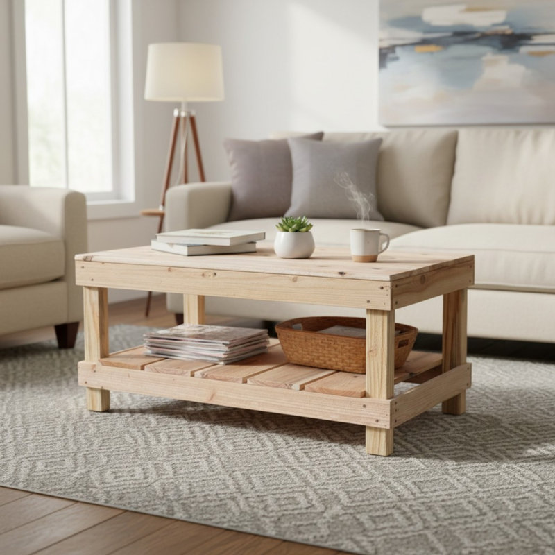 Table basse de salon en bois rustique avec tablette Farmhouse, Brun