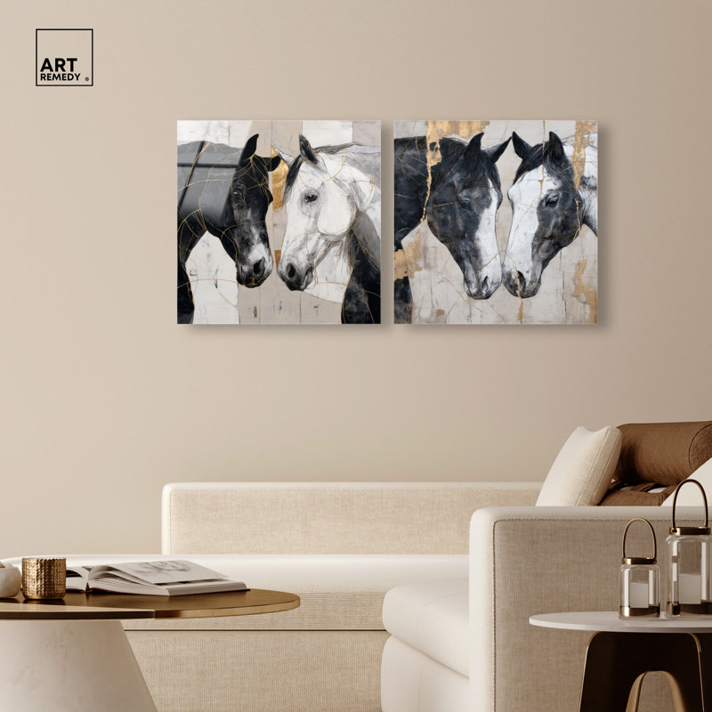«Kintsugi Horses Duet», ensemble de décorations murales Boho par Art Remedy, prêt à accrocher, 40 x 40, 40"H x 40"W