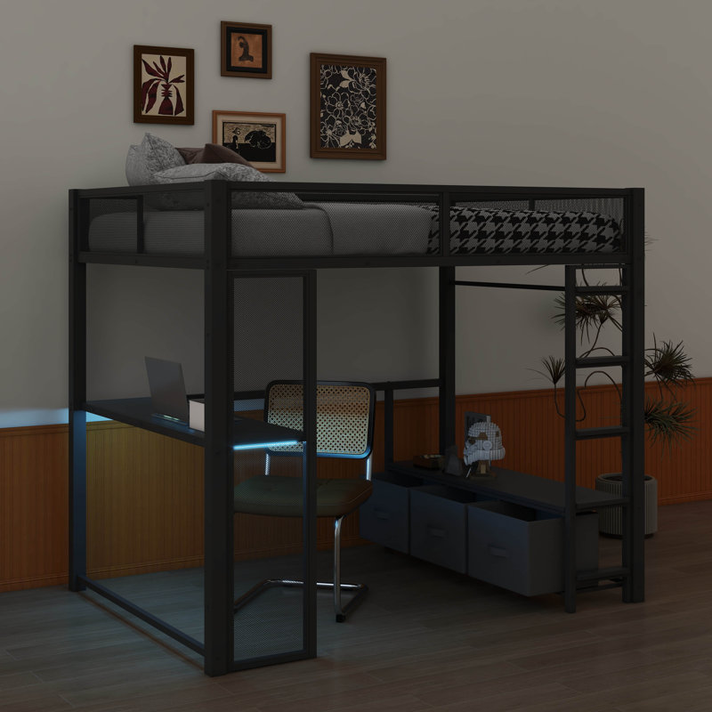 Lit mezzanine double avec bureau intégré et éclairage DEL, Noir